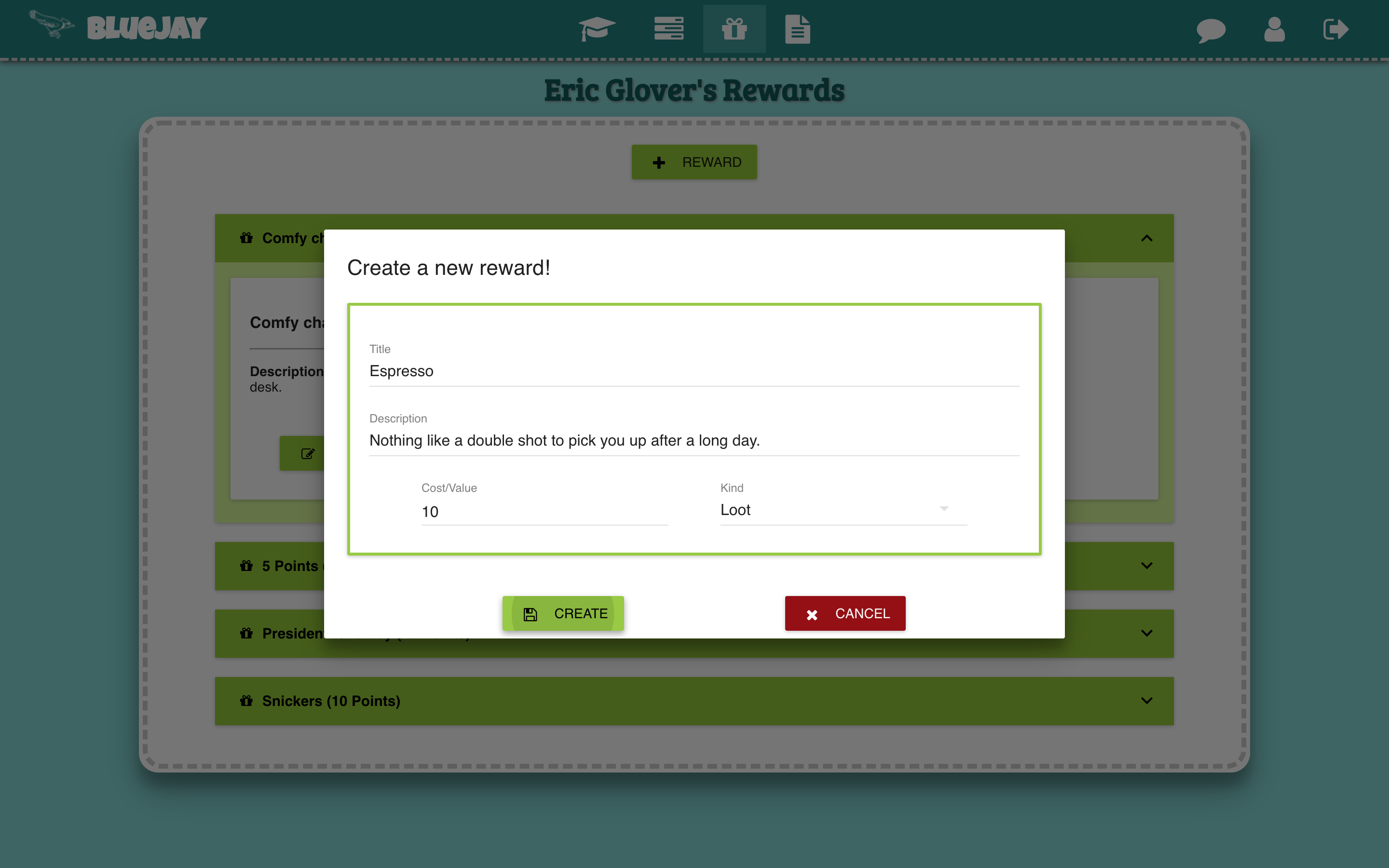 A view showing a form being filled out to create a reward (the reward being created is 'Espresso').