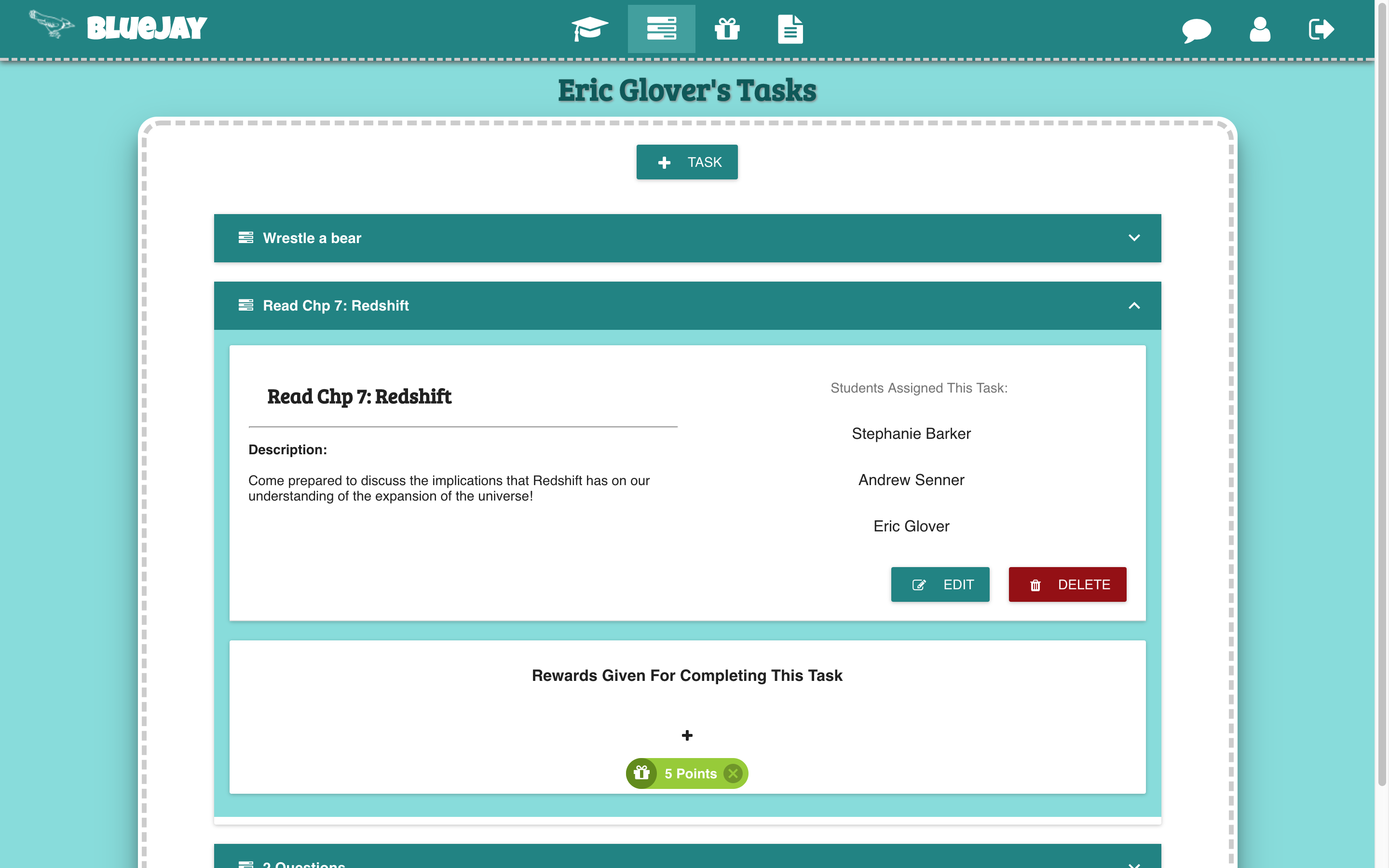 A website showing a view of different tasks teachers can assign